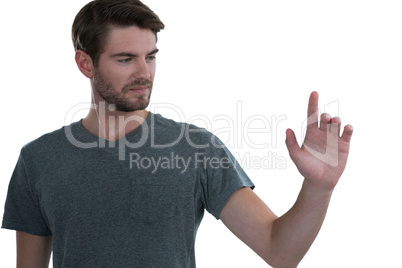 Man pretending to touch an invisible screen