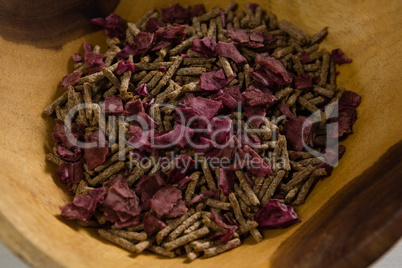Bowl of cereal bran stick and dried fruits