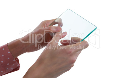 Woman using glass mobile phone