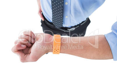 High angle view of businessman wearing smart watch