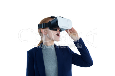 Surprised businesswoman wearing vr glasses