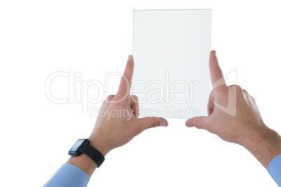 Cropped hands on businessman with transparent glass interface