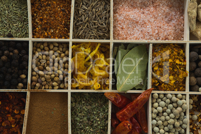 Various spices arranged in tray