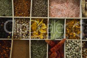 Various spices arranged in tray