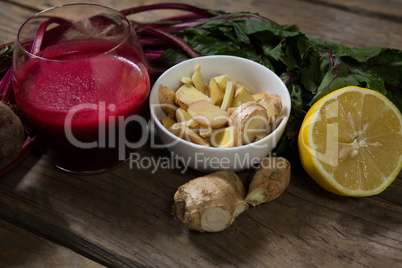 Various ingredients on wooden table