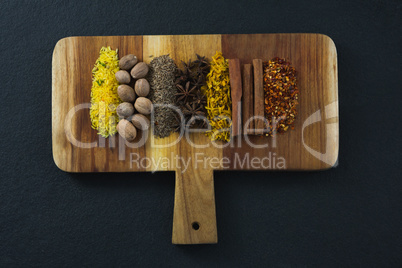 Various spices arranged in chopping board