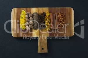 Various spices arranged in chopping board