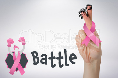 Composite image of cropped hand of woman holding pink breast cancer awareness ribbon
