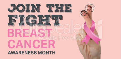 Composite image of cropped image of hand with breast cancer awareness ribbon