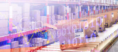 Composite image of row of cardboard boxes on conveyor belt