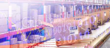 Composite image of row of cardboard boxes on conveyor belt