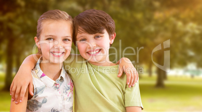 Composite image of portrait of happy siblings