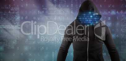 Composite image of male hacker wearing black hoodie while standing