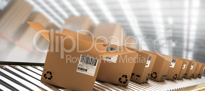Composite image of row of brown boxes on conveyor belt