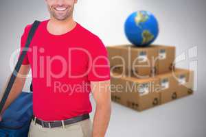 Composite image of pizza delivery man holding bag