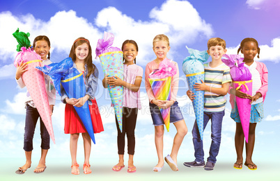 Composite image of full length portrait of friends with huge gifts
