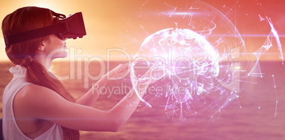 Composite image of side view of young woman gesturing while using virtual reality simulator