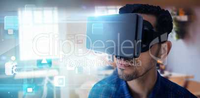 Composite image of close up of businessman looking though virtual reality simulator