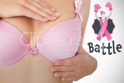Composite image of mid section of woman in bra examining breast