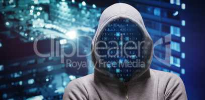 Composite image of hacker standing with arms crossed