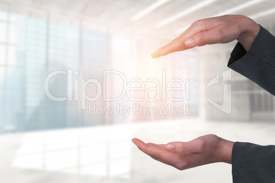 Composite image of woman hand gesturing against white background