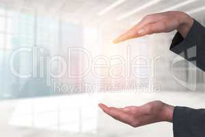 Composite image of woman hand gesturing against white background