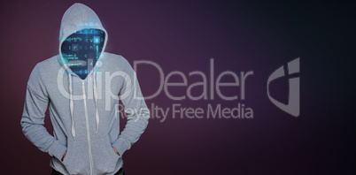 Composite image of robber in gray hoodie with hands in pockets