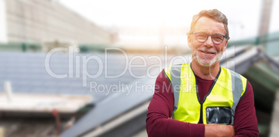 Composite image of close up portrait of senior worker wearing reflective clothing