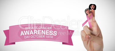 Composite image of cropped image of hand with pink breast cancer awareness ribbon