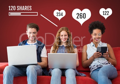 People on laptops and tablet with Shares and likes status bars