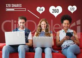 People on laptops and tablet with Shares and likes status bars