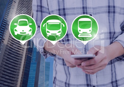 Transport icons and hands holding phone in city