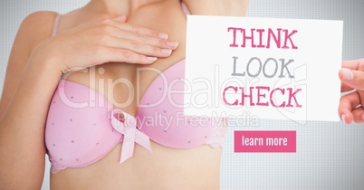 Learn more button with Think Look Check Text and Hand holding card with pink breast cancer awareness