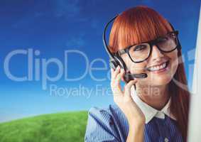 Customer care service woman with green hills and blue sky