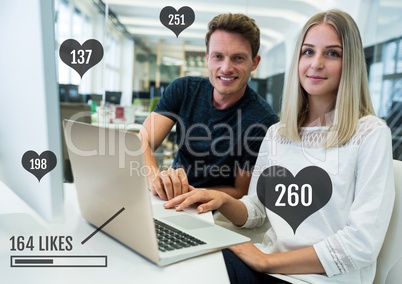 People on computer with likes status bar and hearts