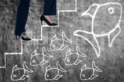 Composite image of conceptual image of businesswoman in heels climbing steps