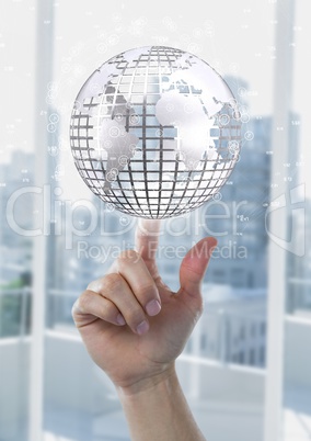 Hand pointing a globe with connectors