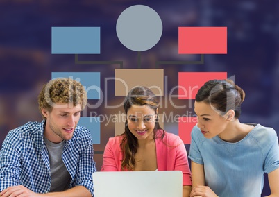 Group meeting and Colorful mind map over dark background