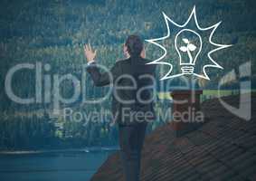 Light bulb and nature icon and Businessman standing on Roof with chimney and forest mountain