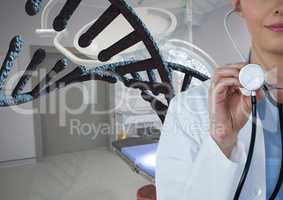Doctor woman with 3D DNA strand