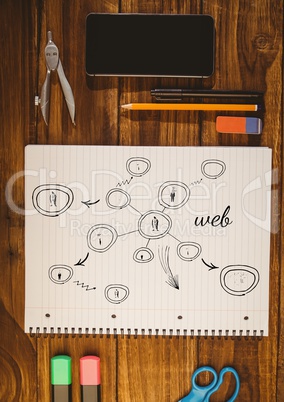 Table top with a notebook with web graphics