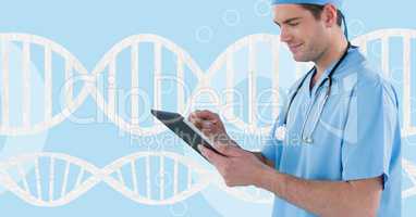 Doctor man using a tablet with 3D DNA strand