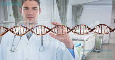 Doctor man with 3D DNA strand
