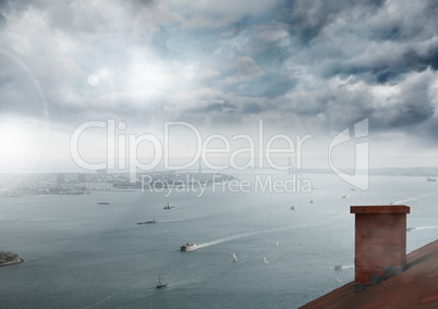 Roof with chimney and cloudy sea port city