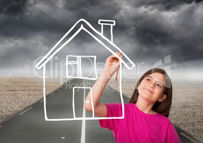 Girl drawing a house on the road