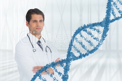 Doctor man standing with 3D DNA strand