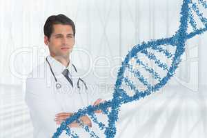 Doctor man standing with 3D DNA strand