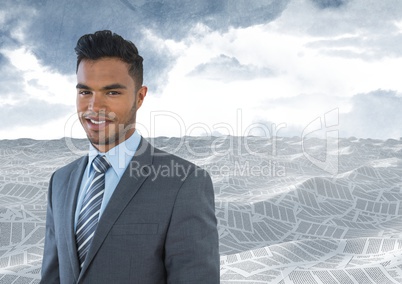 Businessman in sea of documents under sky clouds