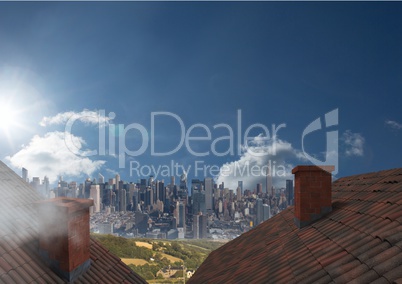 Roofs with chimney and big city