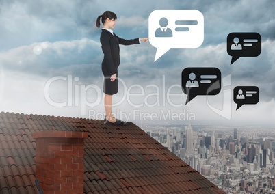 Chat profile bubbles and Businesswoman standing on Roof with chimney and cloudy city